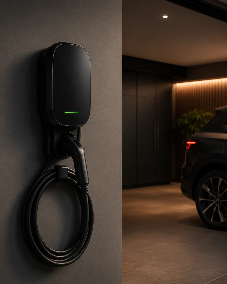 Carregador de parede instalado na garagem de casa, com o carro conectado à noite